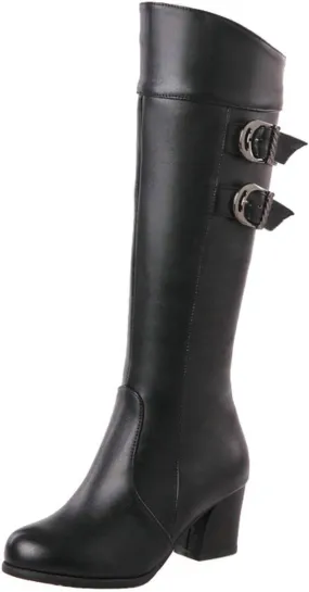MAVMAX Women's Round Toe Knee High Riding Boots Chunky Heels Long Boots