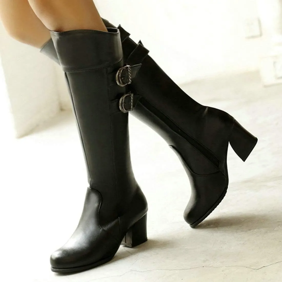 MAVMAX Women's Round Toe Knee High Riding Boots Chunky Heels Long Boots