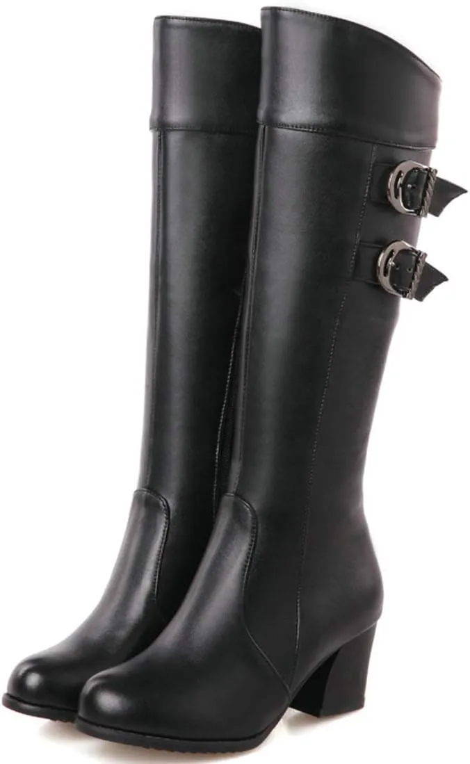 MAVMAX Women's Round Toe Knee High Riding Boots Chunky Heels Long Boots