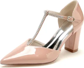 Pointed Toe T-Strap High Heel Sandals Block Heeled Sandal Pumps Heels for Women Dressy Wedding Dress Shoes for Bride