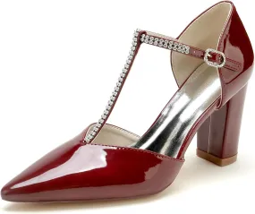 Pointed Toe T-Strap High Heel Sandals Block Heeled Sandal Pumps Heels for Women Dressy Wedding Dress Shoes for Bride