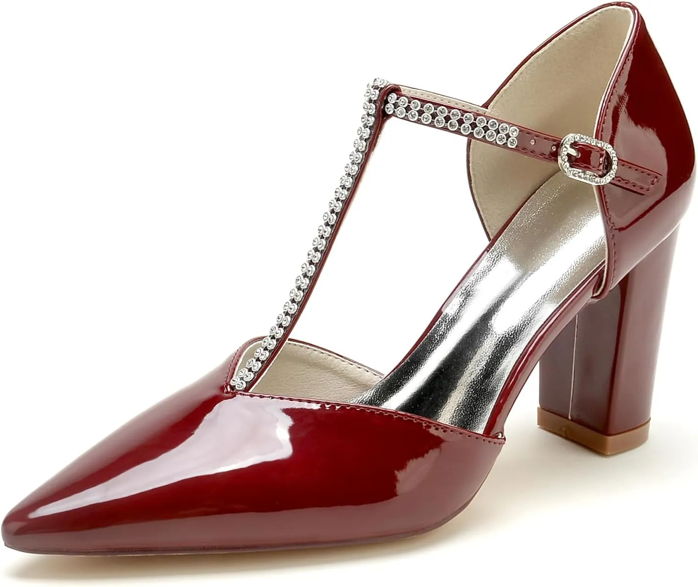 Pointed Toe T-Strap High Heel Sandals Block Heeled Sandal Pumps Heels for Women Dressy Wedding Dress Shoes for Bride