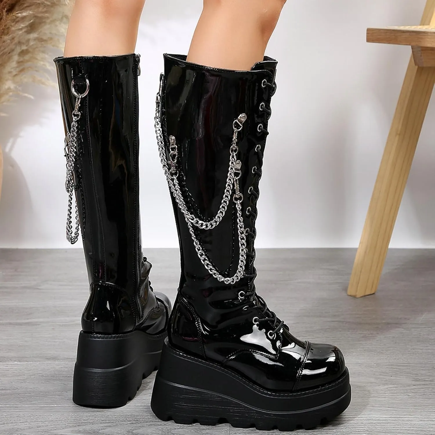 SACFOF Women Goth Knee High Boots Wedge Platform High Heel Mid Calf Boots Lace Up Punk Gothic Biker Combat Boots