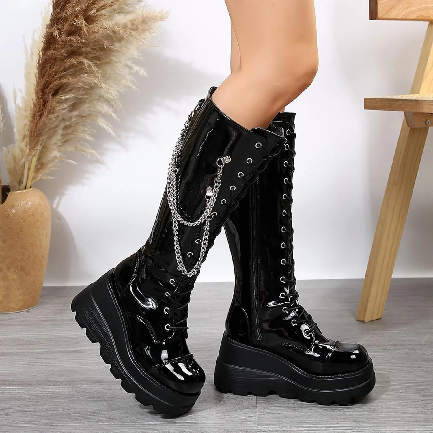 SACFOF Women Goth Knee High Boots Wedge Platform High Heel Mid Calf Boots Lace Up Punk Gothic Biker Combat Boots