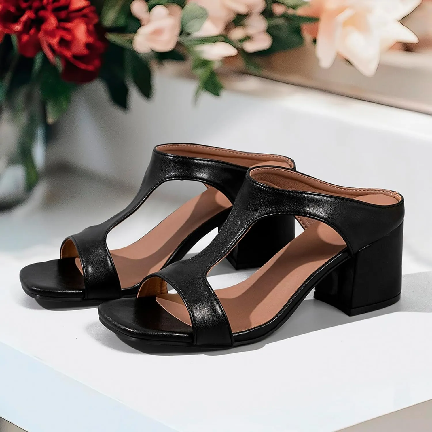 Square Toe Heeled Sandals High Block Heel Sandals Thick Heels High Heel Fish Mouth Hollow Sandal For Women