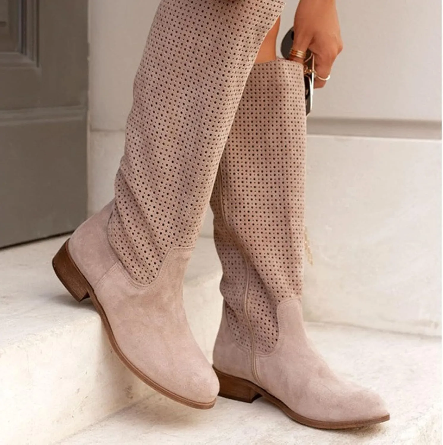 White Cowgirl Boots Hollow Out Suede Flats Thigh High Boots Pull On Knee High Boots Mid Calf Fall Boots