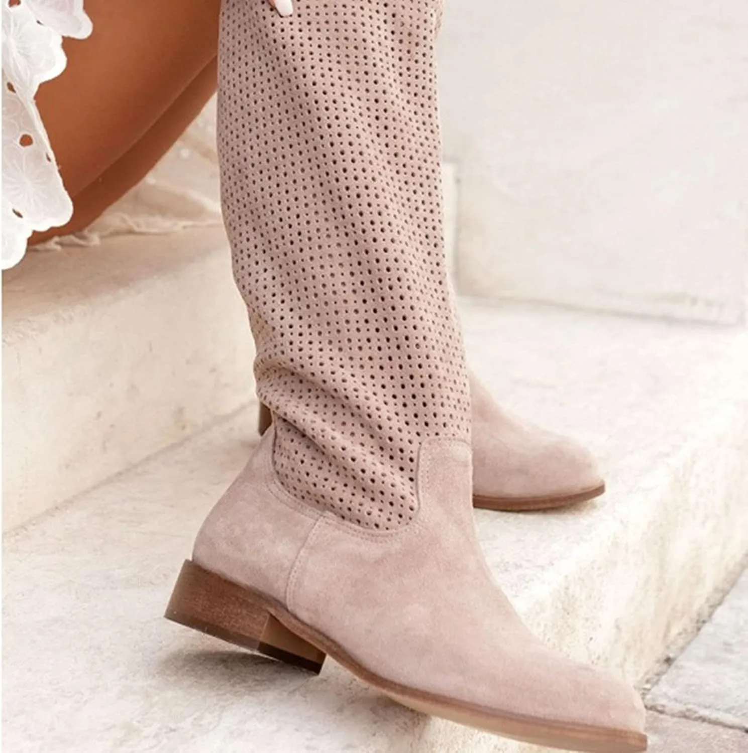White Cowgirl Boots Hollow Out Suede Flats Thigh High Boots Pull On Knee High Boots Mid Calf Fall Boots