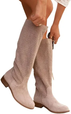 White Cowgirl Boots Hollow Out Suede Flats Thigh High Boots Pull On Knee High Boots Mid Calf Fall Boots
