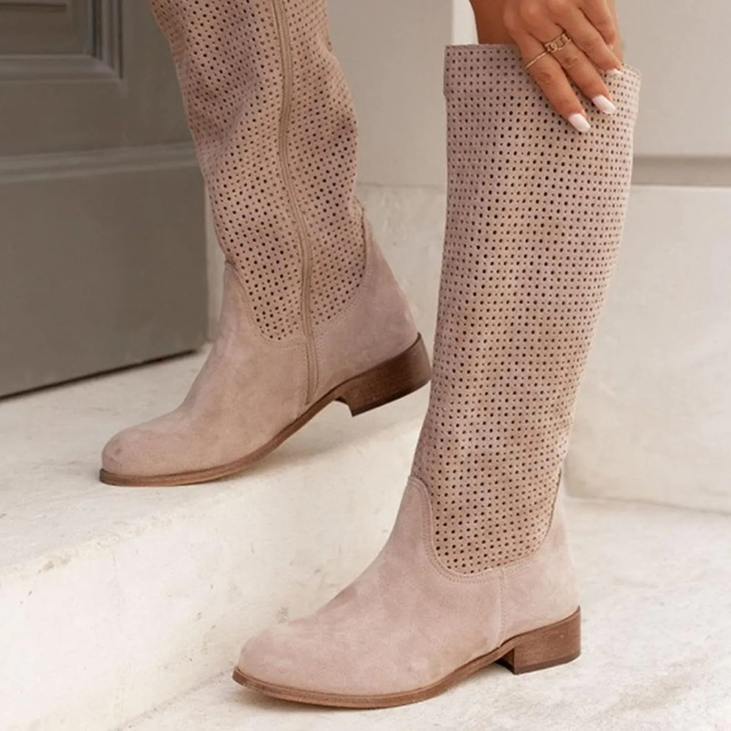 White Cowgirl Boots Hollow Out Suede Flats Thigh High Boots Pull On Knee High Boots Mid Calf Fall Boots