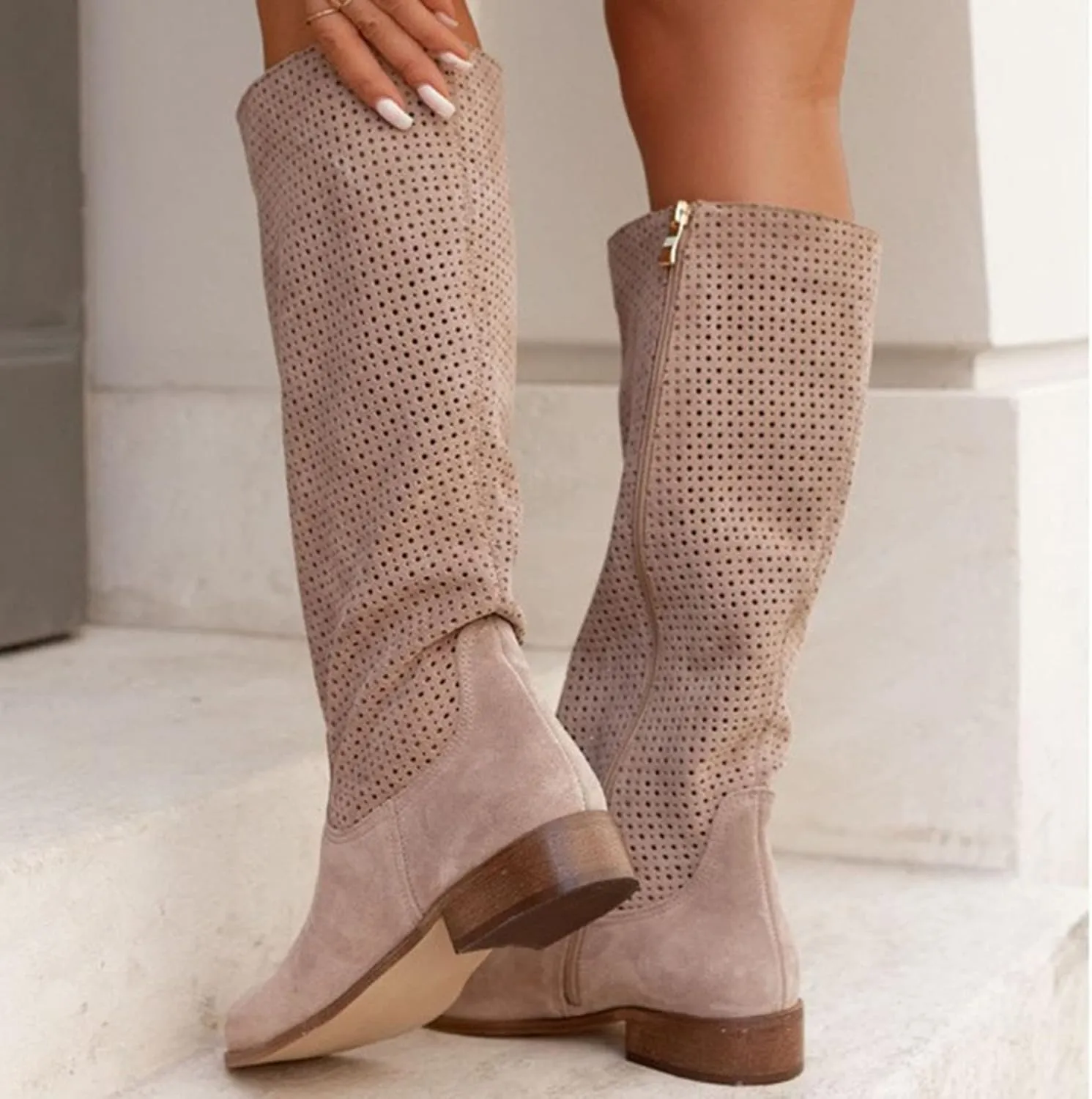 White Cowgirl Boots Hollow Out Suede Flats Thigh High Boots Pull On Knee High Boots Mid Calf Fall Boots