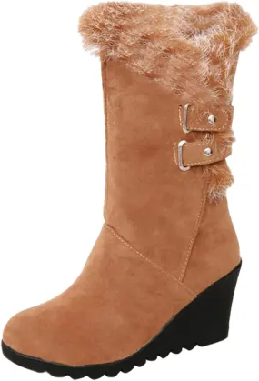 Winter Boots For Women Comfortable Velvet Wedge Boots Round Toe Suede Lug Sole Thigh High Boots Mid-Calf Boots