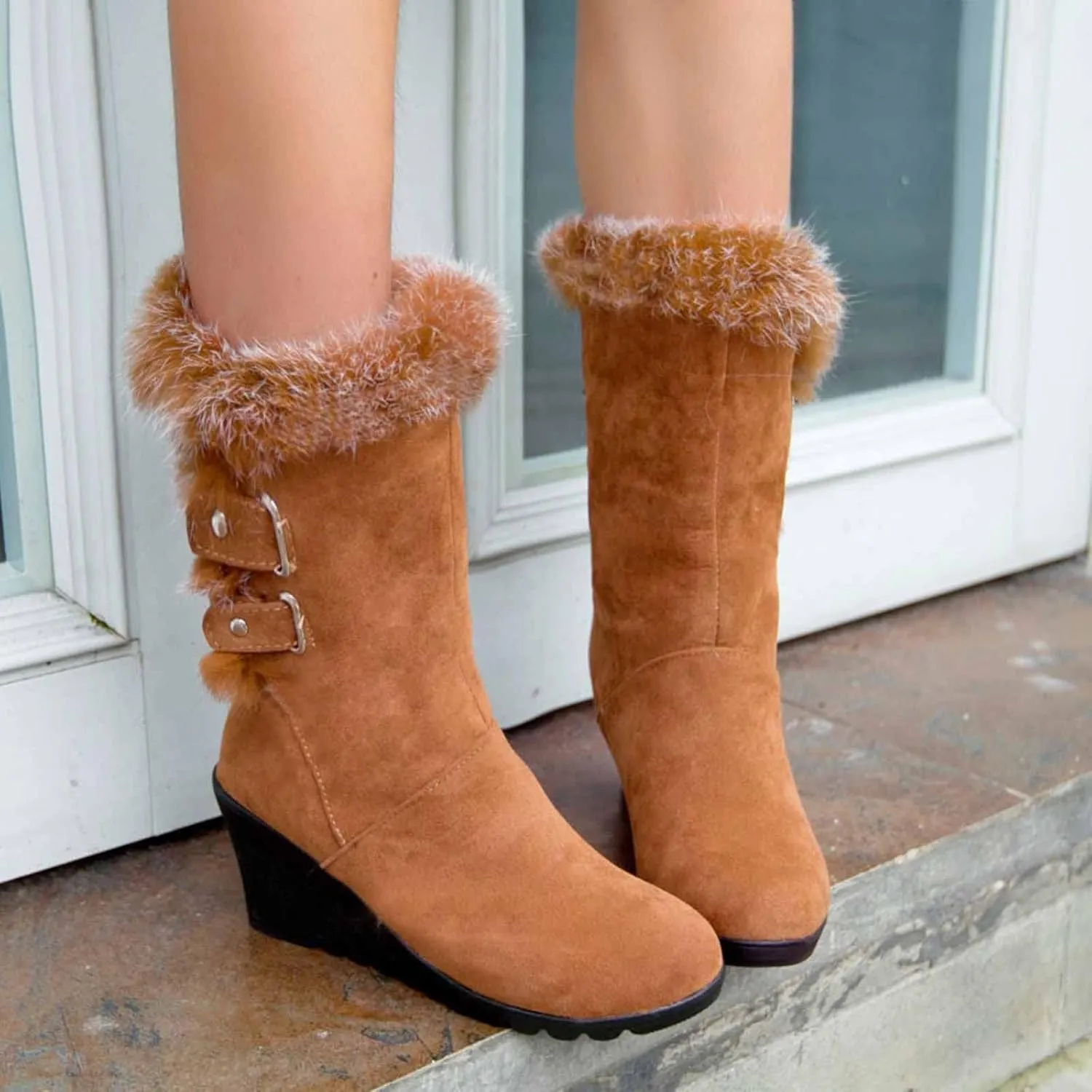 Winter Boots For Women Comfortable Velvet Wedge Boots Round Toe Suede Lug Sole Thigh High Boots Mid-Calf Boots