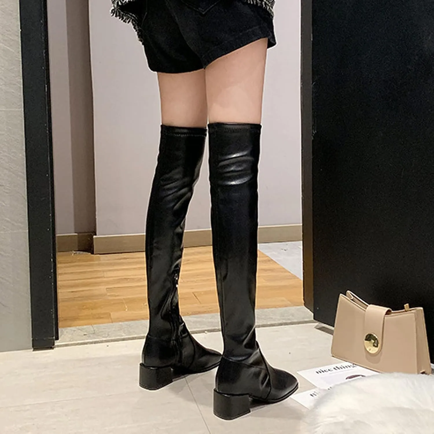 Winter Boots For Women Square Toe Over Knee Boots Suede Zipper Thigh High Boots Chunky Heeled Tall Long Boots