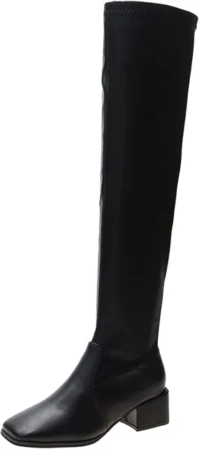 Winter Boots For Women Square Toe Over Knee Boots Suede Zipper Thigh High Boots Chunky Heeled Tall Long Boots