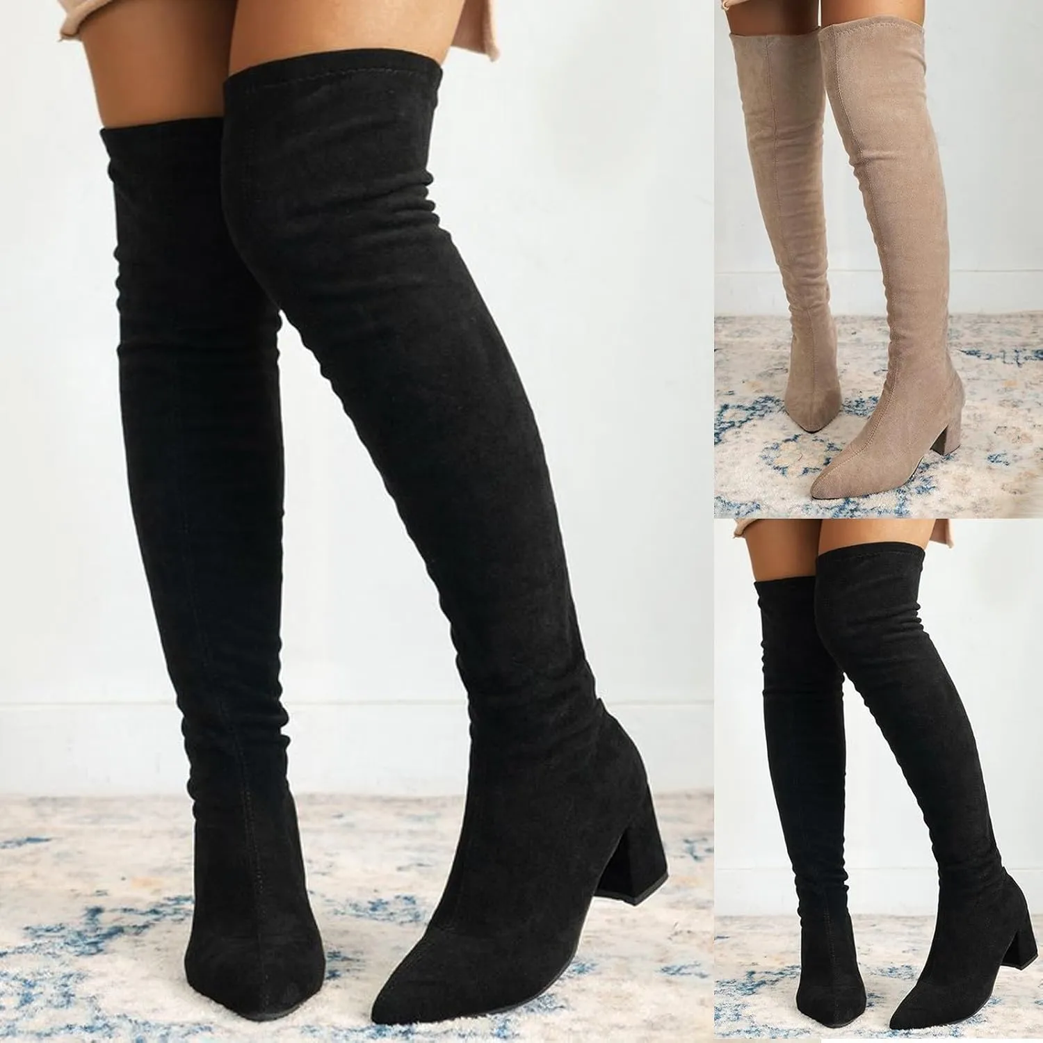 Women Over the Knee Boots Thigh High Chunky Heel Boots Comfortable Suede Long Boots Pointed Toe Winter Dressy Shoes