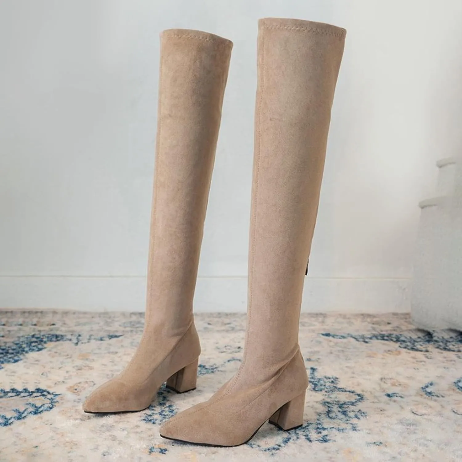 Women Over the Knee Boots Thigh High Chunky Heel Boots Comfortable Suede Long Boots Pointed Toe Winter Dressy Shoes