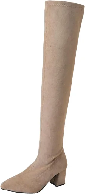 Women Over the Knee Boots Thigh High Chunky Heel Boots Comfortable Suede Long Boots Pointed Toe Winter Dressy Shoes