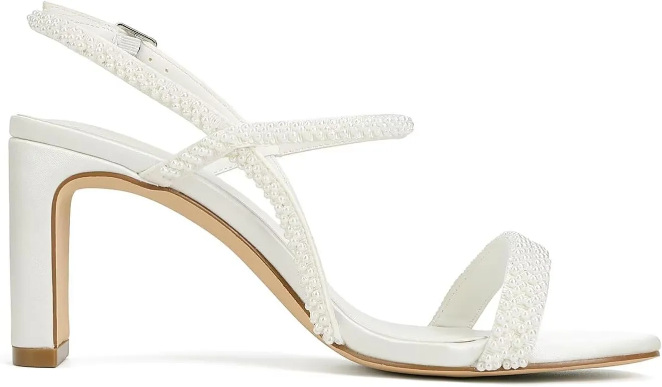 Women's Heeled Sandals Pearl Wedding Shoes for Bride Open Toe Bridal Shoe Strappy Wedding Heels