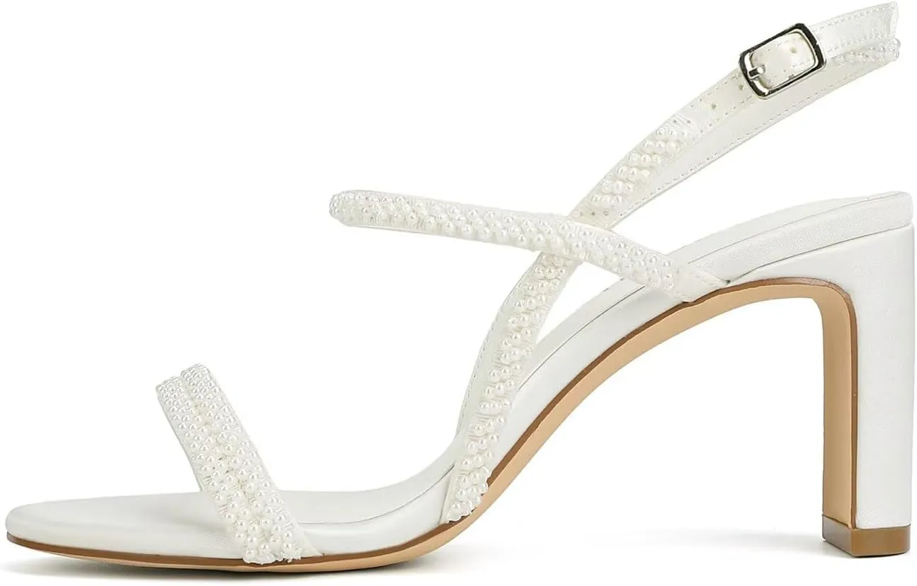 Women's Heeled Sandals Pearl Wedding Shoes for Bride Open Toe Bridal Shoe Strappy Wedding Heels