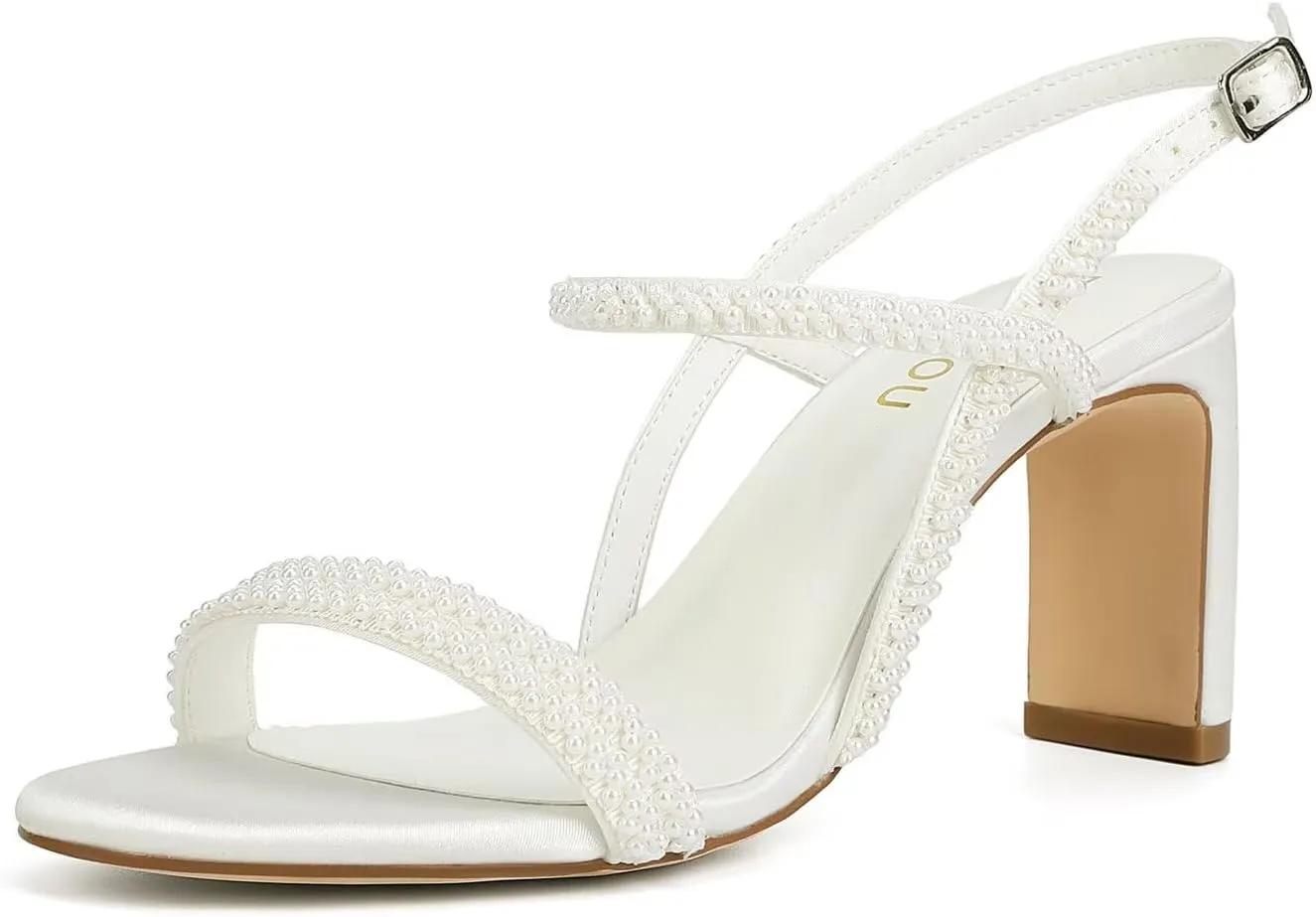 Women's Heeled Sandals Pearl Wedding Shoes for Bride Open Toe Bridal Shoe Strappy Wedding Heels