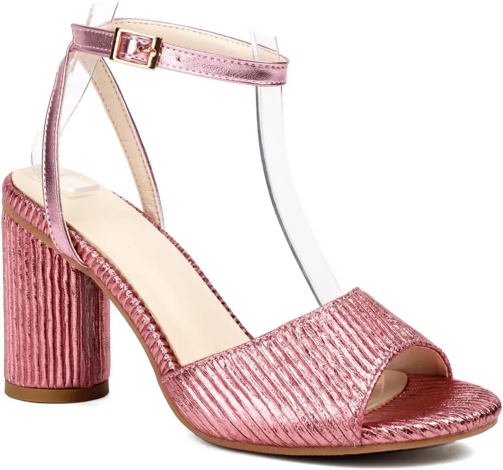 Women's JS66 Leather Buckle Block Microfiber High Block Heeled Sandals