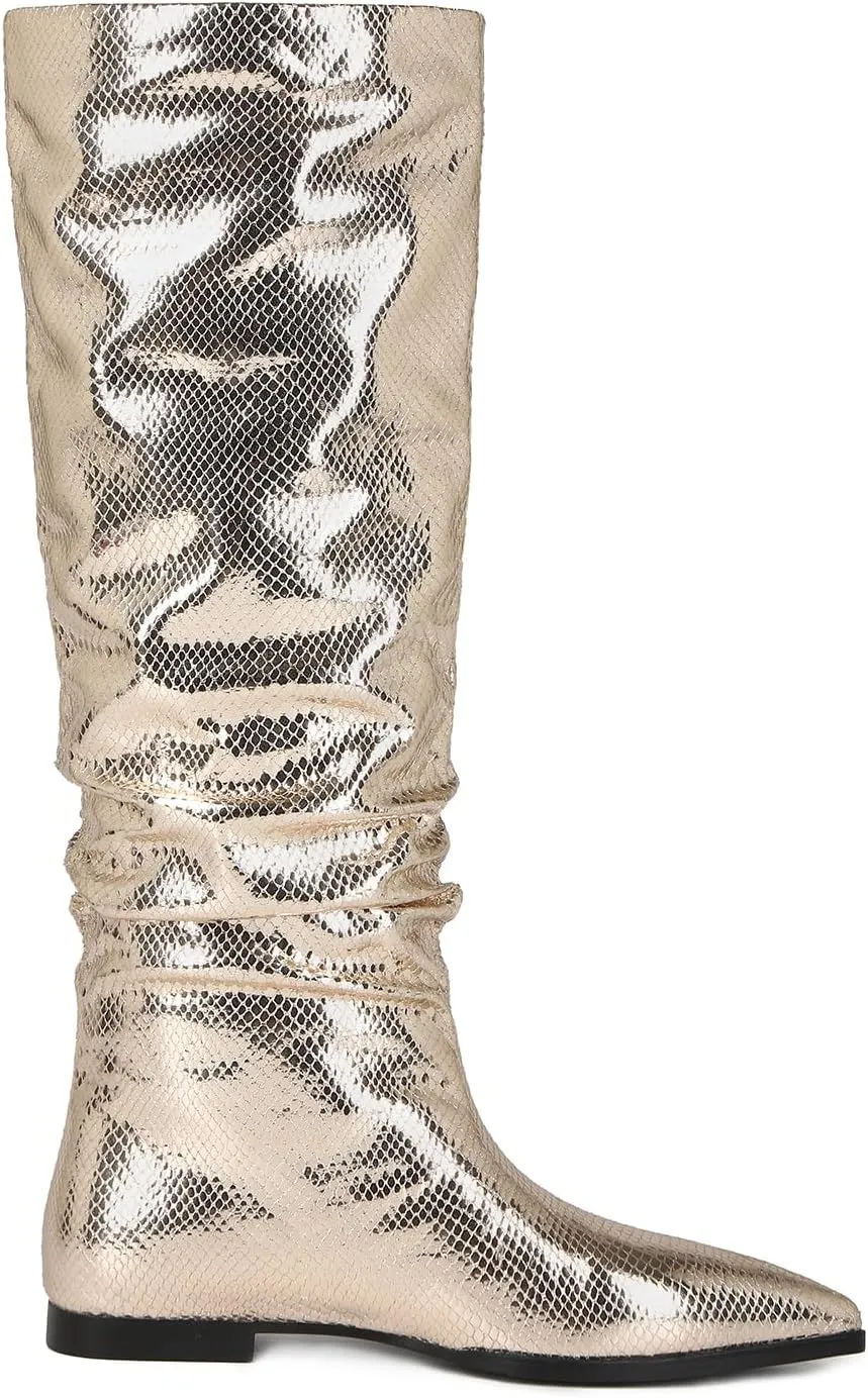 Women's Knee High Boots Pointed Toe Flat Tall Boots for Women Metallic Long Boots