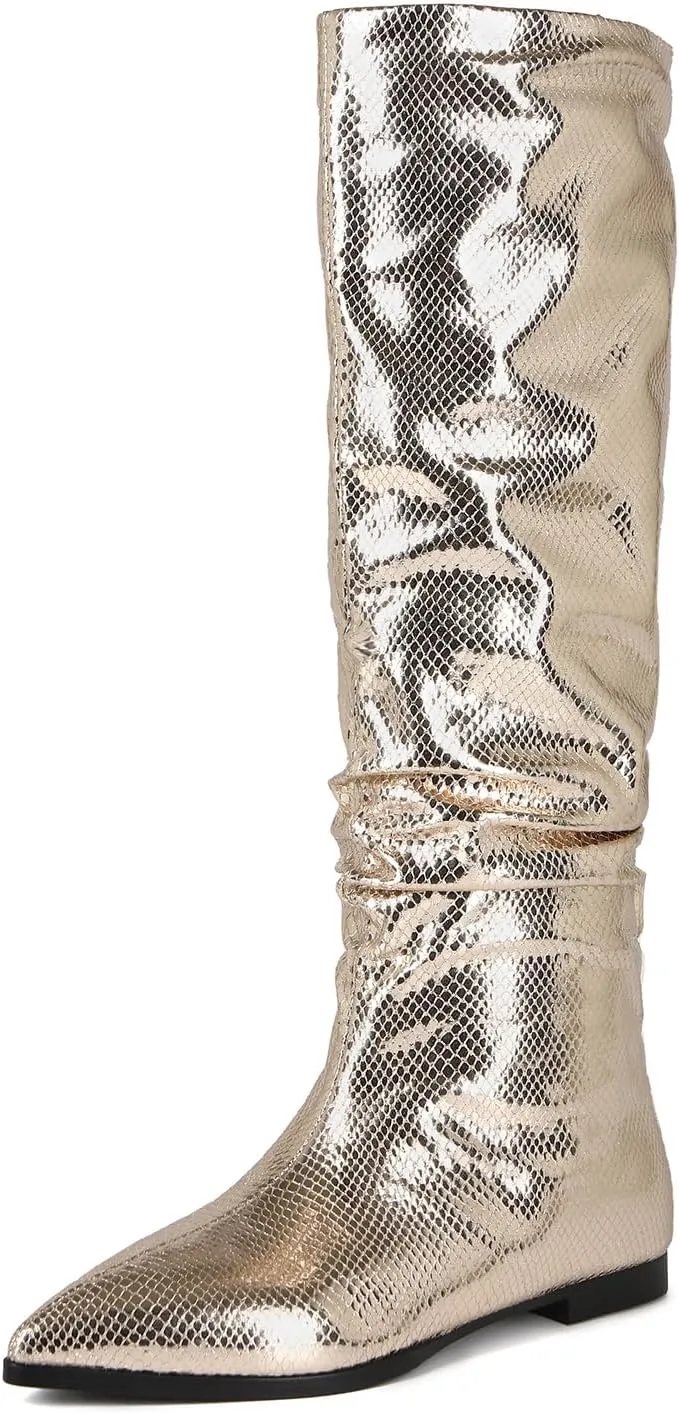 Women's Knee High Boots Pointed Toe Flat Tall Boots for Women Metallic Long Boots