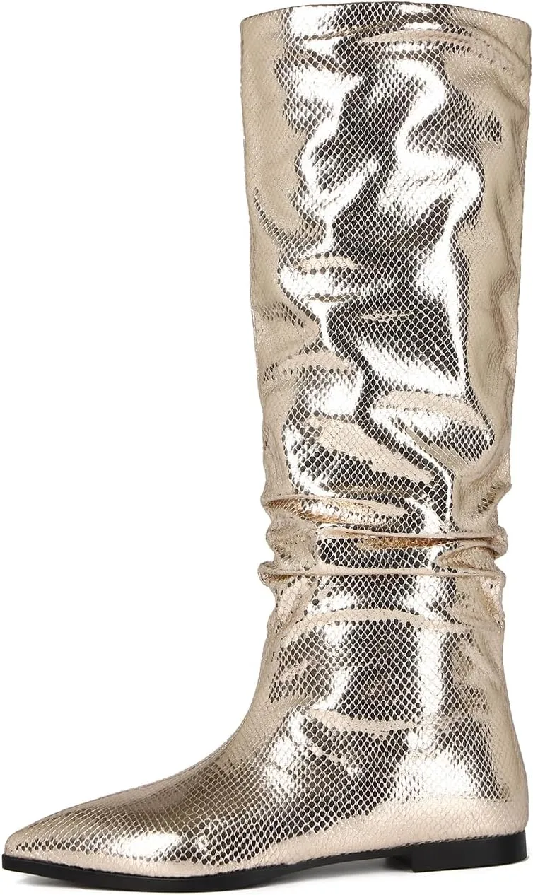Women's Knee High Boots Pointed Toe Flat Tall Boots for Women Metallic Long Boots