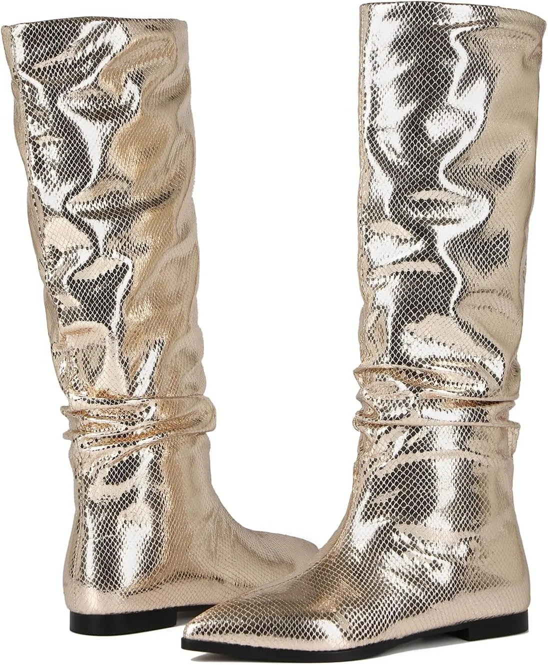 Women's Knee High Boots Pointed Toe Flat Tall Boots for Women Metallic Long Boots