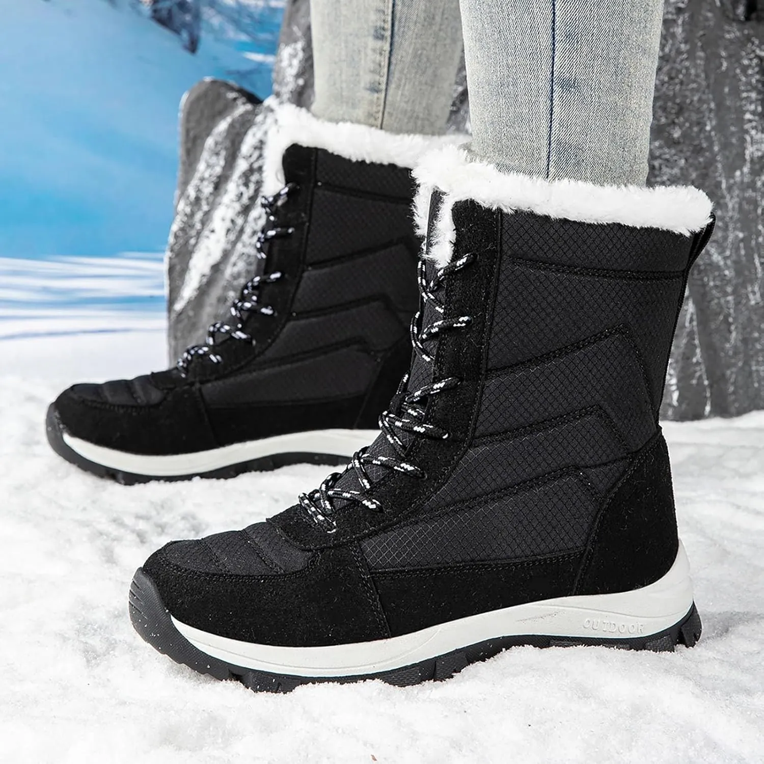 Women's Outdoor Snow Boots Plush Insulated Winter Boots Lace Up Walking Boots Thick Bottom Non Slip Boots