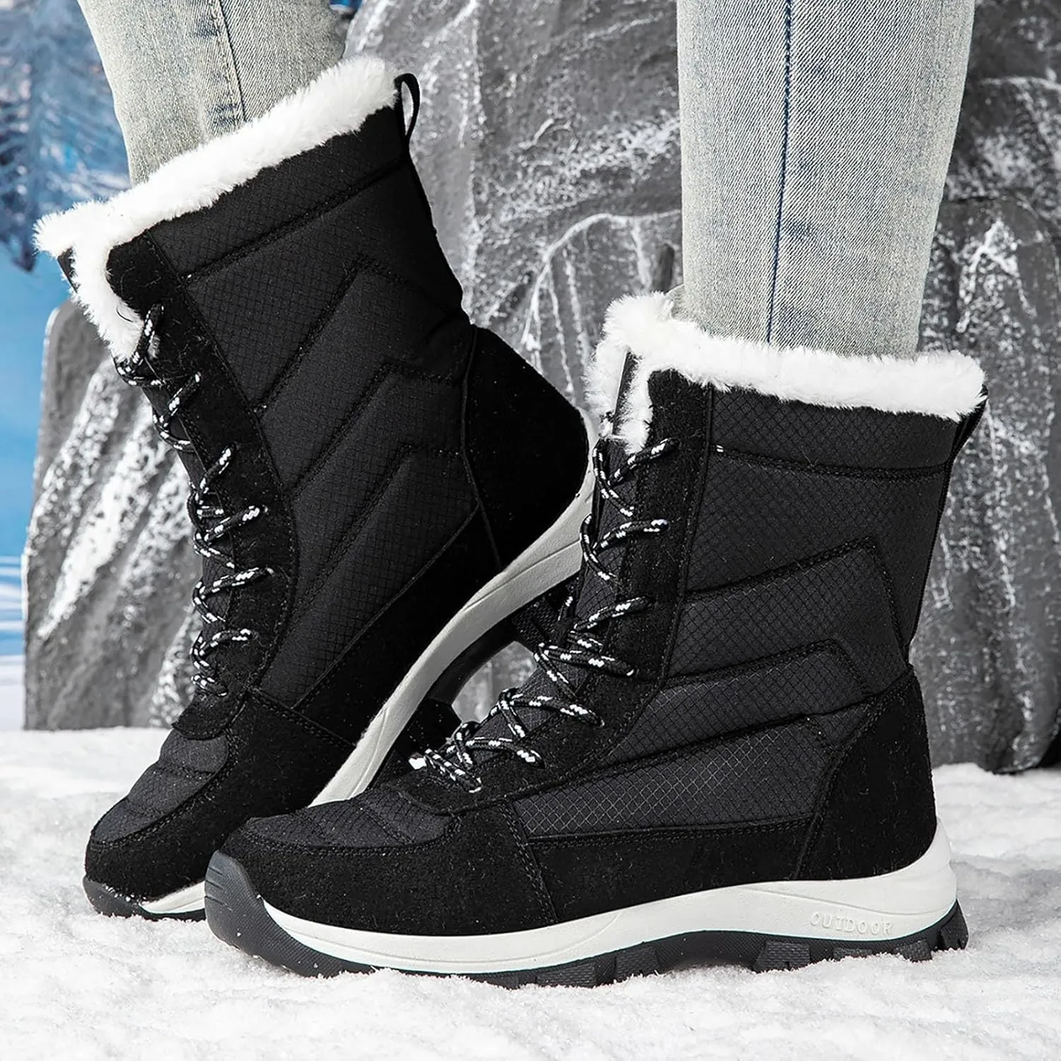 Women's Outdoor Snow Boots Plush Insulated Winter Boots Lace Up Walking Boots Thick Bottom Non Slip Boots