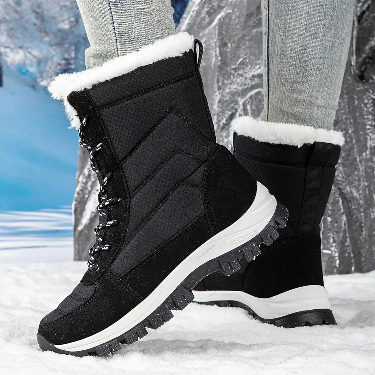 Women's Outdoor Snow Boots Plush Insulated Winter Boots Lace Up Walking Boots Thick Bottom Non Slip Boots