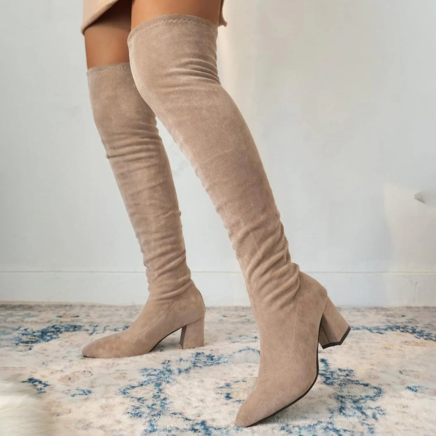 Women's Over The Knee Thigh High Chunky Heel Boots Long Stretch Suede Fall Boots Pointed Toe Winter Boots with Zipper