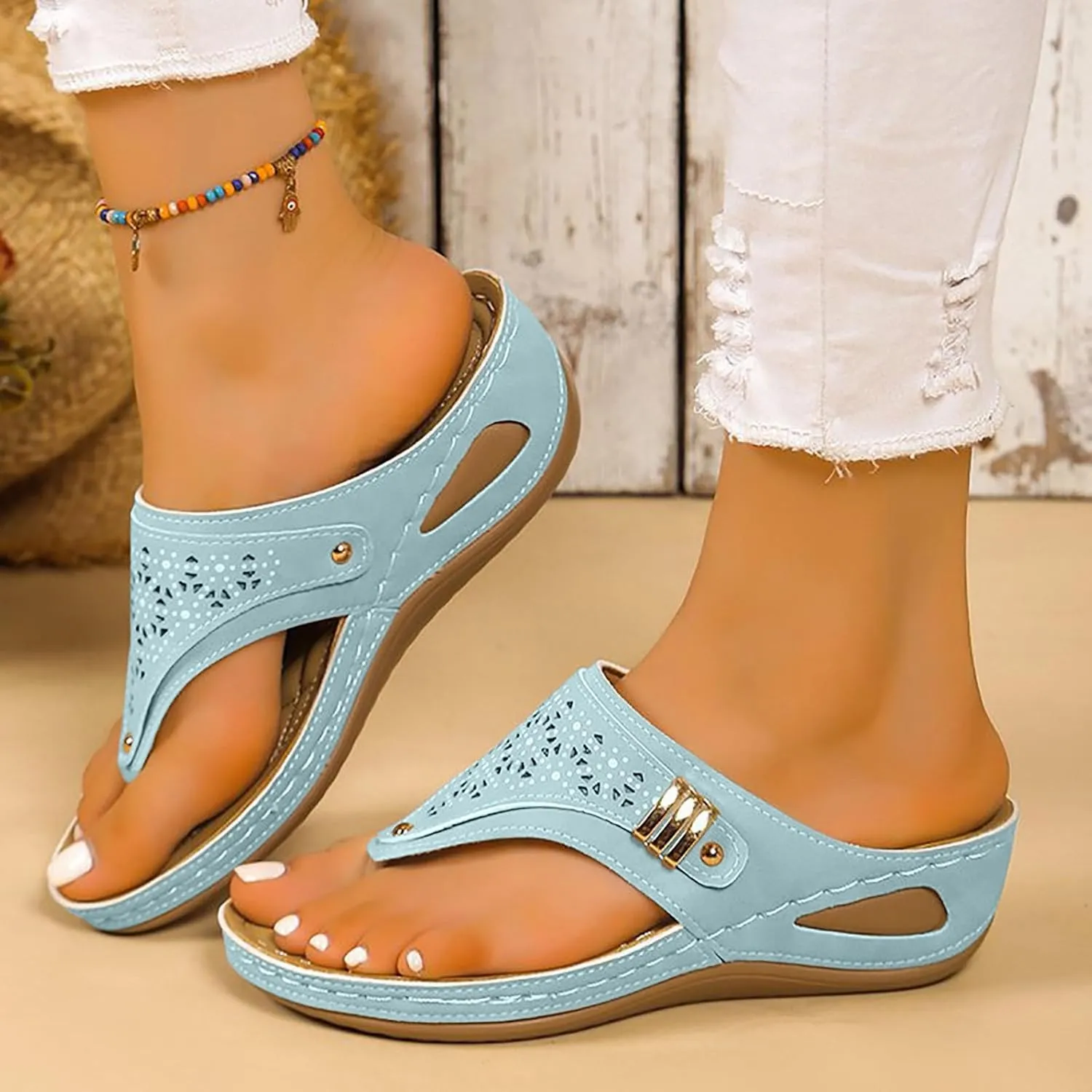 ZSpzx Orthopedic Sandals for Women,2025 Arch Support Wedge Flip Flops Slide Dressy Summer Comfortable Open Toe Womens Slip on Beach Boho Platform Outdoor Walking Shoes